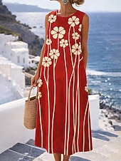 baratos Vestidos Florais-Mulheres Vestido midi Vestido de turno Vestidos Para o Verão Vestido A Line Férias Casual Boho Praia Festa Normal Floral Gráfico Sem Manga Gola Redonda Azul Amarelo Rosa Vermelho Verão Primavera