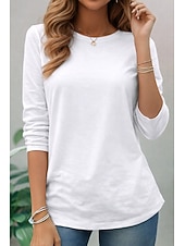 baratos Camiseta lisa-Camiseta 100% Algodão Feminina Cor Sólida Básica Clássica Casual de Manga Longa com Decote Redondo Tops Regulares para o Dia a Dia Saídas Preta Branca Vermelha Azul Marinho Verde Menta Primavera