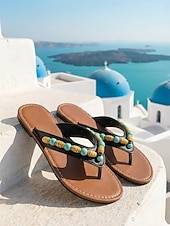 preiswerte Rutschsandalen-Schwarze Boho-Flip-Flops mit Perlenbesatz für Damen – bequeme flache Sandalen mit türkisfarbenen Akzenten &amp;Akzente aus Holzperlen für Inselurlaube, Santorini-Urlaube &amp;Strandspaziergänge
