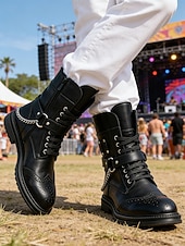 abordables Hombres-Botas de combate marrones para hombre con cordones, cremallera lateral y detalle de cadena. Botines para festivales de música, conciertos, eventos al aire libre, estilo urbano, fiestas y un estilo robusto y llamativo.