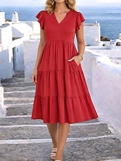 economico Vestito bianco-Per donna Abito Midi Abito a trapezio Abito Estivo Casual Quotidiano Vestibilità regolare Semplice Manica Corta Scollo a V Rosso Estate