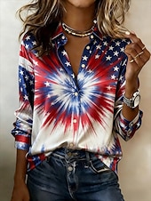  Amerykański Dzień Niepodległości Damskie Koszula Guziki Nadruk Graficzny Zabytkowe Elegancki Nowoczesny Długi rękaw Kołnierzyk koszuli Zwykłe topy Codzienny Praca Niebieski Czerwony Lato Wiosna