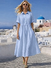 abordables Vestidos-Mujer Vestido Midi Vestidos con tacto de lino Vestido de Camisa Vestido Kaftan Moda Moderno Diario Exterior Vacaciones Ajuste regular Plano Manga Corta Cuello Camisero Azul Piscina Blanco Rosa Rojo