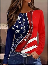  día de la independencia americana Mujer Camiseta Estampado Graphic Bandera Bandera estadounidense Elegante Clásico Casual Manga Larga Cuello Barco Tops largos Diario Blanco / azul Rojo Rojo azul