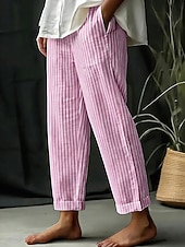 baratos Calças de Luxo-Mulheres Calças de linho de algodão Calça verão Calças de praia Clássico Casual Longas Cintura Alta Listra Bolsos Estampado Design de cordão elástico Respirabilidade Macio Micro-Elástica Férias Rua