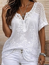 billiga Spets toppar-Dam Blus Spets Ensfärgat Stylish Ledigt Kortärmad V-hals Vanliga toppar Dagligen Blå Svart Vit Orange Grå Sommar Vår Höst