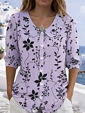 billiga Blommiga blusar-Dam Blus Blommig Grafisk Vintage Stylish 3/4 ärm Peter Pan krage Vanliga toppar Dagligen Arbete Helgdag Purpur Sommar Vår