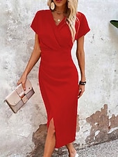 baratos Vestido Simples-Mulheres Vestido midi Vestido Bodycon Vestidos Semi-Formais Escritório Normal Tecido Manga Curta Decote V Azul Amarelo Rosa Vinho Verão Primavera