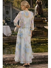 Недорогие Комплекты платьев для мам-Из двух частей А-силуэт Ниже колена Свадебное платье для гостей Платье для матери невесты Без рукавов Рукав 3/4 V-образный вырез Элегантный стиль Простой Официальные Дерби в Кентукки Полуформальный