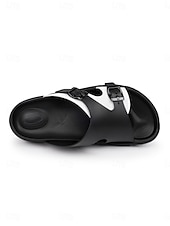 abordables Men-Men's Black and White Double Strap Slide Sandals Open-Toe Comfort Casual Slippers for Resort &amp; Poolside, Beach Vacation, Poolside Relaxing, Travel, Outdoor Leisure and Summer Everyday Wear