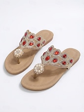 baratos Mulheres-Chinelo feminino boho com aplicações de joias - elegante cristal azul royal &amp;Sandálias rasteiras com tira em T e pérolas, perfeitas para férias na piscina e escapadelas na praia. &amp;roupas de resort de