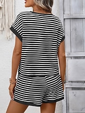 cheap Women's Blouse Suits-Women's Two Piece Sets Shorts Sets Short Sleeve Crew Neck Striped Fashion Streetwear Casual Daily Outdoor Black Pink Dark Pink Summer Regular Fit