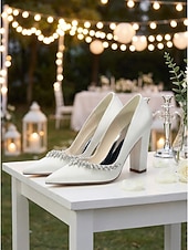 cheap Bride-Women's Nude Chunky Heeled Wedding Shoes with Crystal Detail - Elegant Bridal Heels for Garden Weddings