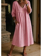  Femmes Robe Midi Robes effet lin Robe d'Été Robe trapèze Robe d'été Vacances Fête Basique Quotidien Bureau Plage Coupe Ample Uni Demi Manches Col en V Bleu Ciel Noir Olive verte Jaune Été Printemps