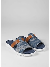 tanie Sandały typu slide-damskie sandały typu slip-on z denimu z akcentami ze sztucznej skóry, rustykalny szykowny styl farmhouse na grille na podwórku, spacery po wsi i codzienne codzienne noszenie