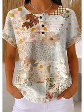 voordelige Kunst &amp; Design t-shirt-Dames Wafel Textuur Gebreide Tops T-Shirt Kleurblok Print Grafisch Geometrisch Stijlvol Klassiek Korte Mouw Crew Neck Ronde Hals Dagelijks Sporten Weekend Lichtbruin Rainbow Rood  Blauw Zomer Lente