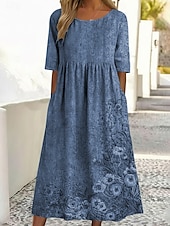  女性用 ミディドレス カジュアルドレス プリントドレス ヴィンテージ アウトドア バケーション お出かけ ルーズフィット フラワー グラフィック ハーフスリーブ クルーネック ブルー イエロー パープル グリーン 夏 春