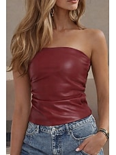 Недорогие Простой бак-Жен. Облегающий топ Топ из искусственной кожи Рюши Открытая спина Сплошной цвет Винтаж Стиль горячий Без рукавов Бандо Обычные топы Повседневные На выход