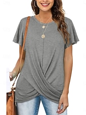 baratos Camiseta lisa-Mulheres Camiseta T-shirt Franzido Tecido Moda à moda Clássico Manga Curta Gola Redonda Tops regulares Diário Para Noite Final de semana Azul Preto Branco Rosa Vinho Verão Primavera