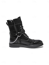 abordables Hombres-Botas de combate marrones para hombre con cordones, cremallera lateral y detalle de cadena. Botines para festivales de música, conciertos, eventos al aire libre, estilo urbano, fiestas y un estilo robusto y llamativo.