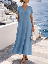 ieftine Rochie albă-Pentru femei Rochie Maxi Rochie A line Casual Zilnic Potrivire Largă Simplu Manșon scurt În V Albastru piscină Negru Alb Cămilă Vară Primăvară Toamnă