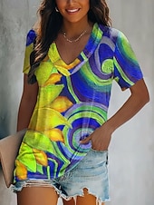  Damen T Shirt Druck Farbblock Sonnenblume Vintage Lässig Boho Kurzarm V Ausschnitt Normale Oberteile Täglich Blau Wein Königsblau Orange Grün Sommer Frühling