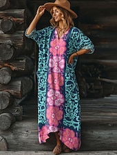 cheap Ethnic Boho Dress-Women's Maxi Dress Boho Dress Casual Dress Print Dress Vintage Outdoor Vacation Weekend Loose Fit Floral Graphic Long Sleeve V Neck Blue Purple Summer Spring Fall