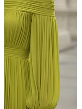 cheap A-Line Evening Dresses-A-Line Floor Length Evening Gown Wedding Guest Dresses Formal Dress Elegant Long Sleeve Off Shoulder Wedding Formal Chiffon with Pleats Ruched