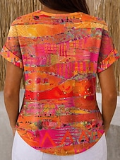  T-shirt en gaufre pour femmes impression graphique géométrique vintage élégant classique à manches courtes col rond hauts réguliers quotidiens noir et blanc noir blanc jaune rouge été printemps