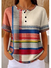 voordelige Kunst &amp; Design t-shirt-Dames Wafel Textuur Gebreide Tops T-Shirt Kleurblok Print Grafisch Geometrisch Stijlvol Klassiek Korte Mouw Crew Neck Ronde Hals Dagelijks Sporten Weekend Lichtbruin Rainbow Rood  Blauw Zomer Lente