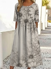  女性用 ミディドレス カジュアルドレス プリントドレス ファッション アウトドア バケーション お出かけ ルーズフィット フラワー グラフィック ハーフスリーブ クルーネック ライトイエロー ライトピンク ライトグリーン グレー 夏 春