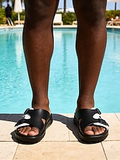 abordables Men-Men's Black and White Double Strap Slide Sandals Open-Toe Comfort Casual Slippers for Resort &amp; Poolside, Beach Vacation, Poolside Relaxing, Travel, Outdoor Leisure and Summer Everyday Wear