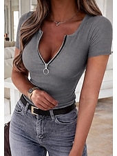 preiswerte Einfarbiges T-Shirt-Damen Rippstricktops T Shirt Eng anliegender Top Frontreißverschluss Stilvoll Sexy Kurzarm V Ausschnitt Normale Oberteile Täglich Ausgehen Outfits für die Verabredung am Abend Schwarz Wein Rote Grau