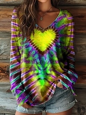 preiswerte Kunst &amp; Design T-Shirt-Damen T Shirt Druck Herz Grafik Batik Bohemien Vintage Ethnisch Langarm V Ausschnitt Normale Oberteile Täglich Blau Gelb Rote Purpur Grün Sommer Frühling Herbst
