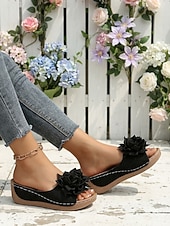 economico Infradito scivolosi-sandali da donna con zeppa verde e dettagli floreali – comode scarpe estive aperte per l'uso casual, quotidiano e in giardino