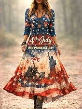  Amerikanischer Unabhängigkeitstag Damen Maxikleid Faltenkleid Party Lässig Boho Date Normale Passform Grafik Flagge Sternenbanner Langarm V Ausschnitt Dunkelblau Sommer Frühling