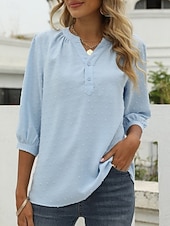 abordables Blusas Sencillas-Mujer Blusa Botones Color sólido Elegante Casual Manga 3/4 Escote en Pico Tops regulares Diario Azul Piscina Verde salvia Negro Blanco Rosa Verano Primavera Otoño