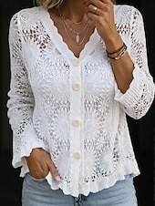 ieftine Topuri din dantelă-Pentru femei Cămașă din dantelă Bluză Dantelă Nasturi Culoare solidă Elegant Stilat Casual Manșon Lung În V Topuri obișnuite Zilnic Negru Alb Bej Vară Primăvară Toamnă