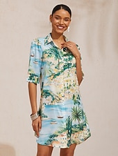 economico Abiti da vacanza-Per donna Abito Camicia Maxi in Raso Blu Manica Corta Natura morta Artistica Pop art Stile Artistico Stampa Primavera &amp; Estate Estate Primavera Colletto a Camicia Vacanza Casual S M L