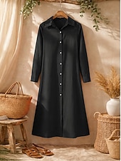 cheap Dresses-Women's Midi Dress Linen-feel Dresses Shirt Dress Casual Dress A Line Dress Fashion Basic Modern Daily Vacation Going out Regular Fit Plain Long Sleeve Shirt Collar Blue Black Wine Orange Spring Fall