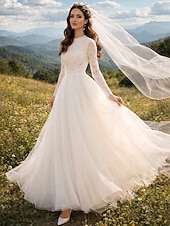 economico Piccole vestiti bianchi-Abito da ballo Lunghezza alla caviglia Abiti da sposa Abito da sposa Vintage Anni 1940 / 1950 Piccoli Abiti Bianchi Manica Lunga Scollo Tondo Laurea Compleanno Raso Pizzo con Applicazioni Tinta unita