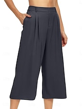 cheap Wide Leg &amp; High Waisted-Women's Capri Pants Wide Leg Chinos Vacation Streetwear Casual Calf-Length Medium Waist Plain Patchwork Pocket Elastic Waist Comfy Comfort Breathable Inelastic Daily Outdoor Streetwear Black Light