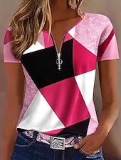 levne Tričko s pruhy a geometrickým vzorem-Dámské Tričko Zip Čtvrtletní zip Grafika Geometrický Abstraktní Vinobraní Tropický vzhled Havajské Krátký rukáv Tričkový Běžné topy Svatba na pláži Denní Sport Vodní modrá Černá Světlá růžov