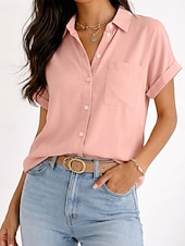 abordables Blusas Sencillas-Mujer Camisa Blusa Bolsillo Botones Color sólido Plano Vintage Elegante Manga Corta Cuello Camisero Tops largos Diario Festivos Noche Negro Blanco Rosa Naranja Gris Verano Primavera