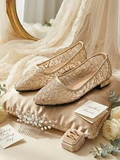 abordables Madre de la Novia/Novio-Zapatos de boda para madre de la novia/novio, zapatos planos de tacón bajo con encaje color champán para mujer, elegantes y cómodos zapatos de noche para invitadas de boda.