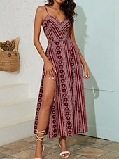 Χαμηλού Κόστους Boho φορέματα-Γυναικεία Μίντι φόρεμα Φόρεμα Boho Καθημερινό φόρεμα Σλιπ Φόρεμα Κομψό Μοντέρνα Διακοπές Εξόδου Σαββατοκύριακο Κανονικό Γεωμετρικό Αμάνικο Λαιμόκοψη V Μαύρο Κίτρινο Μπορντώ Πράσινο του τριφυλλιού
