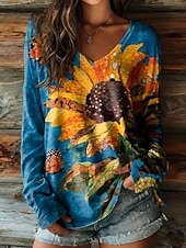  Per donna Maglietta Stampato Floreale Grafico Girasole Vintage Casual Boho Manica Lunga Scollo a V Top Regolari Quotidiano Blu Rosso Blu marino Arancione Verde Estate Primavera Autunno