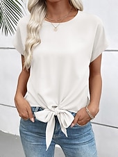 abordables T-shirt uni-Femmes T-shirt Nœud Uni Mode Élégant Classique Manche Courte Col ras du cou Hauts Réguliers Quotidien Sortir Week-end Noir Blanche Vin Marron Beige Été Printemps
