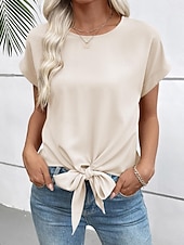 abordables T-shirt uni-Femmes T-shirt Nœud Uni Mode Élégant Classique Manche Courte Col ras du cou Hauts Réguliers Quotidien Sortir Week-end Noir Blanche Vin Marron Beige Été Printemps