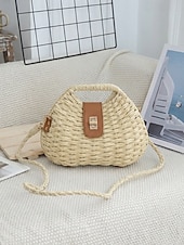 billiga Rese- och semesterväskor-Damväska i vävd stråaxelrem, beige och khakifärger, lätt sommarväska med justerbar rem, bohemisk chic-stil, perfekt för semester, resor och vardagsbruk